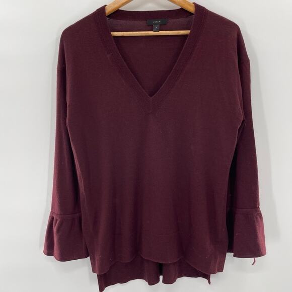 J. Crew Burgundy Wine Merino Wool V-Neck Sweater Ruffle Sleeve Size S - Picture 1 of 6